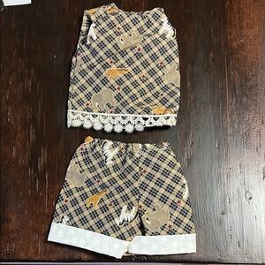 Plaid Animal Print Two-Piece Top & Shorts Set - Tan & Navy